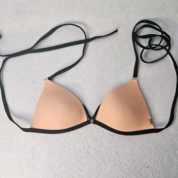 VICTORIA SECRET PINK Bikini Top Sz S Orange Black Trim Triangle Ring - Picture 1 of 4